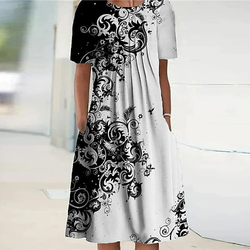 

Women's Casual Dress Shift Dress Knee Length Dress Black Short Sleeve Floral Pocket Print Spring Summer Crew Neck Elegant Casual Vacation 2022 S M L XL XXL 3XL