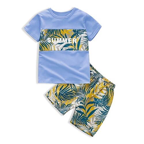

Kids Boys T-shirt Shorts Clothing Set 2 Pieces Short Sleeve Blue Leaf Letter Crewneck Print Street Sports Vacation Fashion Comfort Cool Daily 3-13 Years
