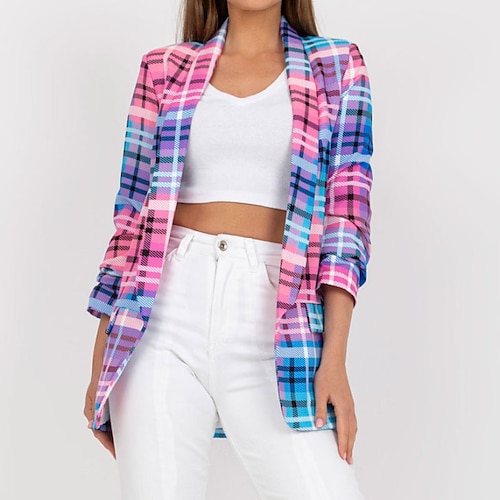 

Women's Blazer Warm Breathable Outdoor Vacation Going out Pocket Single Breasted Turndown Active Sports Lady Street Style Plaid Regular Fit Outerwear Long Sleeve Winter Fall Green Royal Blue Orange S