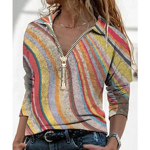 

Women's Shirt Striped Geometric Dandelion Daily Weekend Floral Geometric Shirt Long Sleeve Quarter Zip Print Shirt Collar Casual Streetwear Blue Pink Yellow S / 3D Print