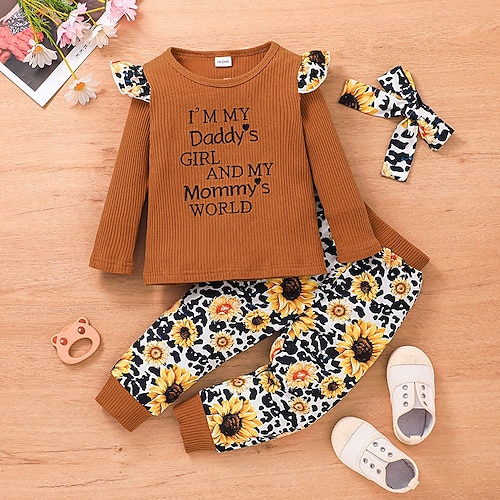 

2 Pieces Kids Girls' PantsSet Clothing Set Outfit Daisy Long Sleeve Crewneck Cotton Set Outdoor Active Daily Spring Summer 3-6 Years Yellow Brown
