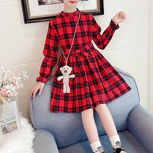 

Kids Girls' Dress Plaid A Line Dress Asymmetrical Dress Daily Cotton Long Sleeve Casual Dress 3-12 Years Winter Red