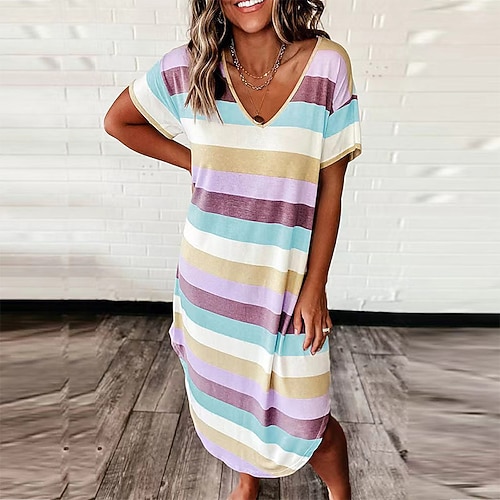 

Women's Pajamas Nightgown Dress Pjs Stripe Simple Comfort Home Daily Cotton V Wire Short Sleeve Spring Summer Blue Purple