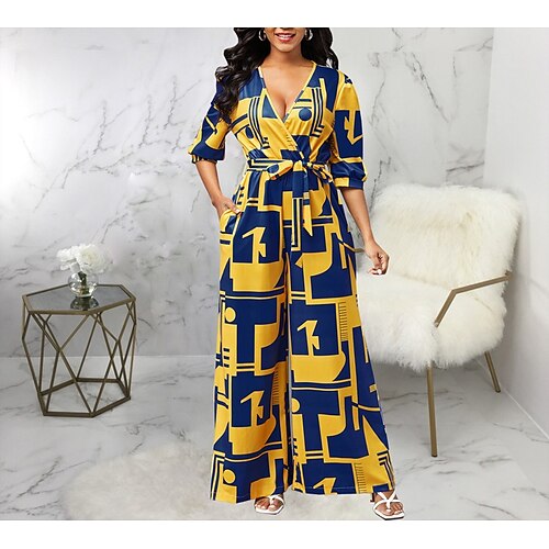 

Women's Jumpsuit Geometric V Neck Casual Vacation Beach Loose 3/4 Length Sleeve Yellow S M L Fall