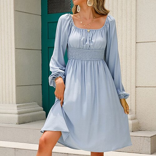 

Women's A Line Dress Knee Length Dress Green Black Pink Light Blue Long Sleeve Pure Color Ruched Cold Shoulder Fall Winter Off Shoulder Stylish Modern 2022 S M L XL
