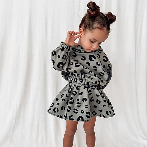 

2 Pieces Toddler Girls' SkirtSet Clothing Set Outfit Leopard Long Sleeve Cotton Set Vacation Fashion Sweet Winter Fall 1-5 Years Gray