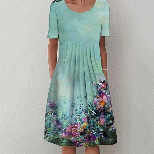 

Women's Shift Dress Knee Length Dress Green Short Sleeve Floral Ruched Pocket Print Spring Summer Crew Neck Casual Vacation 2022 S M L XL XXL 3XL