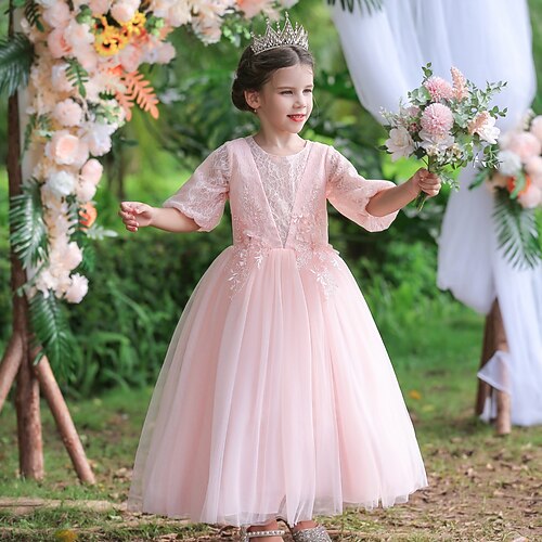 

Kids Little Girls' Dress Plain Flower Tulle Dress Party Special Occasion Lace Patchwork Green White Purple Lace Tulle Midi Half Sleeve Princess Cute Dresses Fall Spring Slim 4-13 Years / Summer