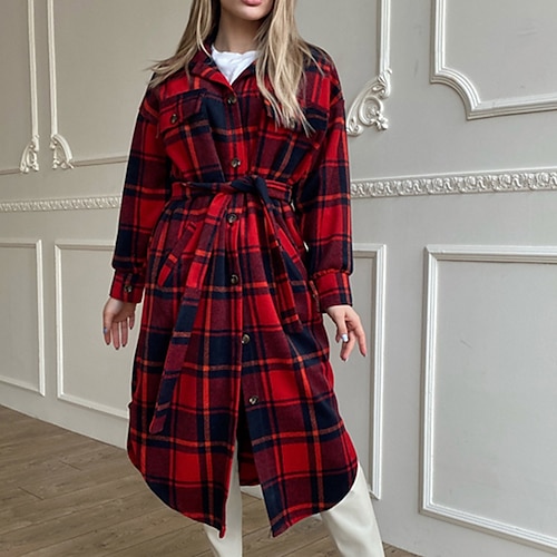 

Women's Winter Coat Windproof Warm Outdoor Street Daily Vacation Lace up Button Pocket Print Single Breasted Turndown Casual Minimalism Street Style Shacket Stripes and Plaid Regular Fit Outerwear