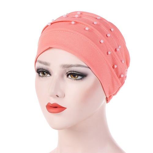

Muslim Women Turban Scarf Beaded Turban Hat Solid Color Beanies Cap Islamic Wrap Headscarf Musulman Femme Hijab Hair Care Accessories