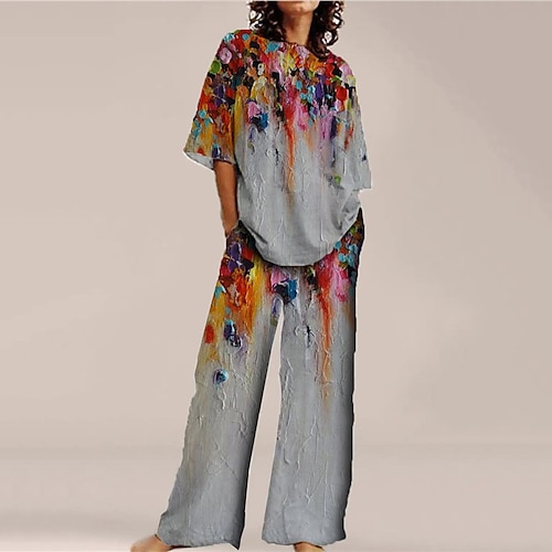 

Women's Loungewear Sets Nighty 2 Pieces Gradient Flower Fashion Comfort Home Street Cotton Spandex Jersey Crew Neck Short Sleeve T shirt Tee Pant Spring Summer Rainbow Gray