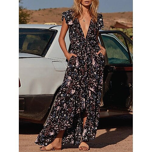 

Women's Swing Dress Maxi long Dress Black Short Sleeve Print Zipper Print Fall Summer V Neck Stylish Fashion Modern 2022 S M L XL