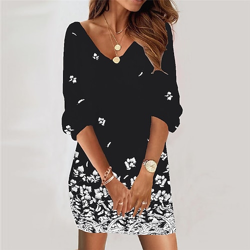 

Women's Casual Dress Bodycon Short Mini Dress Black 3/4 Length Sleeve Floral Print Fall Winter V Neck Casual Vacation 2022 S M L XL XXL 3XL