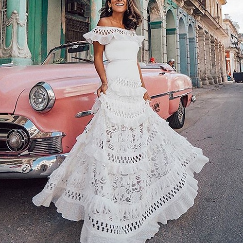 

Women's Party Dress Lace Dress Long Dress Maxi Dress White Black Short Sleeve Pure Color Ruffle Spring Summer Off Shoulder Party Hot Romantic S M L XL / White Dress