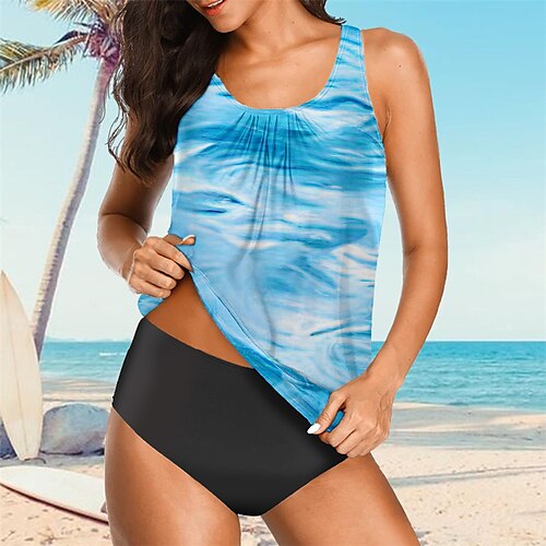 

Women's Tankini Two Piece Swimsuit High Waist Shirred Swimwear Bathing Suit Gradient Swimwear Blue Quick Dry Swimming Surfing Beach Summer