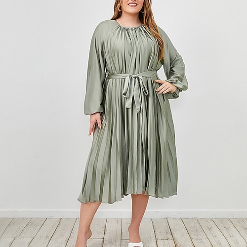 

Women's Plus Size Satin Dress Solid Color Crew Neck Long Sleeve Fall Winter Casual Midi Dress Daily Vacation Dress