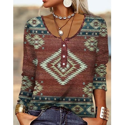 

Women's T shirt Tee Geometric Casual Weekend Geometric Painting T shirt Tee Long Sleeve Button Print Round Neck Basic Ethnic Wine S / 3D Print