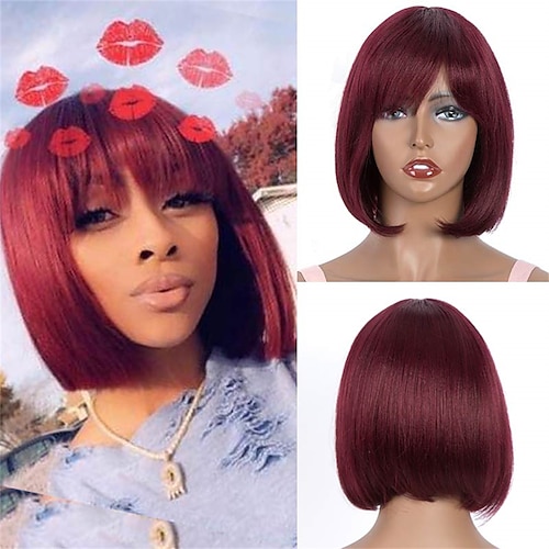 

99J Bob Wig Burgundy Red Short Bob Human Hair Wigs With Fringe for Women Straight Remy Hair Bob Wigs With Bangs 10 inch