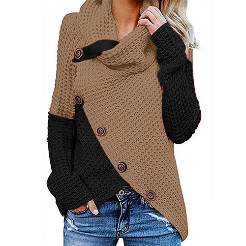 

Women's Wrap Sweater Jumper Ribbed Knit Split Knitted Color Block Shirt Collar Stylish Casual Daily Holiday Fall Winter Blue Khaki S M L / Long Sleeve