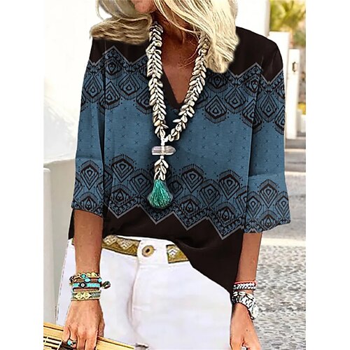 

Women's Shirt Floral Geometric Casual Daily Floral Geometric Shirt 3/4 Length Sleeve Print V Neck Casual Blue S / 3D Print