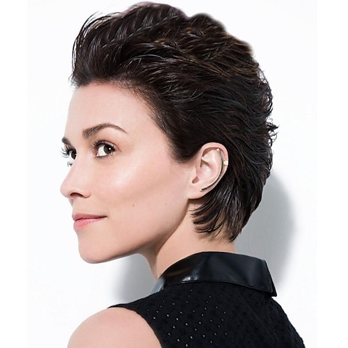

Pixie Cut Lace Front Wig Human Hair Short Black Wig With Bangs free Part 13x1 Lace Frontal Wig