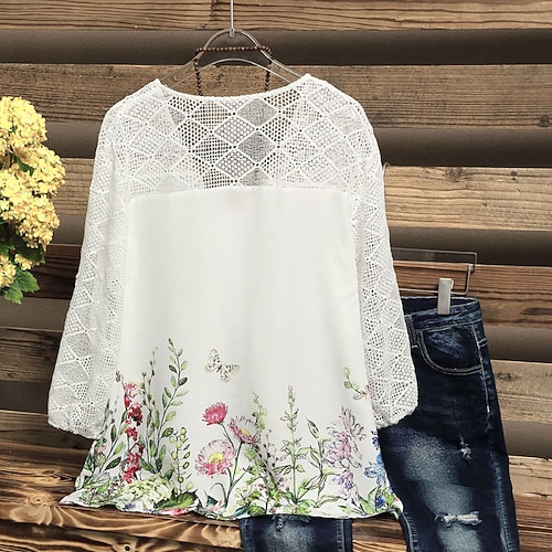 

Women's Plus Size Tops Blouse Shirt Floral Print 3/4 Length Sleeve V Neck Streetwear Daily Vacation Polyester Fall Winter White