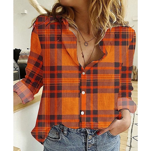 

Women's Blouse Shirt Orange Plaid Button Print Long Sleeve Daily Weekend Streetwear Casual Shirt Collar Regular S