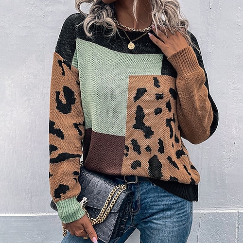 

damen pullover pullover häkeln strick gestrickt patchwork leopard rundhalsausschnitt stylish lässig urlaub ausgehen herbst winter weiß xl