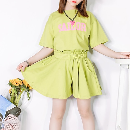 

2 Pieces Kids Girls' T-shirt & Skirt Clothing Set Outfit Letter Short Sleeve Cotton Set Vacation Fashion Sweet Spring Summer 3-12 Years Green Purple Gray