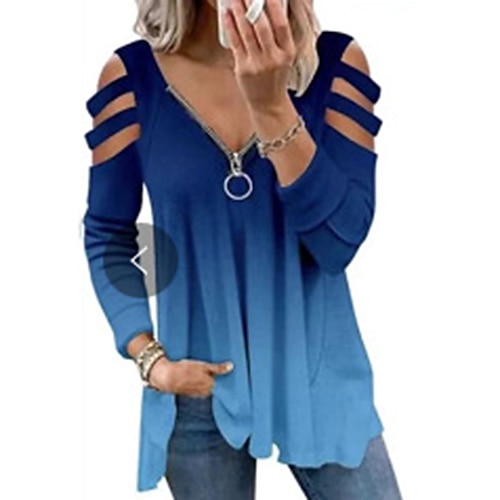 

Women's Shirt Blue Yellow Khaki Leopard Color Gradient Cut Out Quarter Zip Long Sleeve Holiday Weekend Streetwear Casual V Neck Regular S / 3D Print / Print
