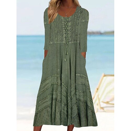 

Women's Casual Dress Midi Dress Army Green Half Sleeve Embroidery Ruched Fall Spring Autumn Crew Neck Modern Weekend 2022 S M L XL 2XL 3XL