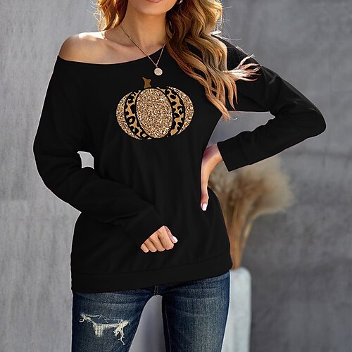 

Women's Sweatshirt Pullover One Shoulder Leopard Pumpkin Cold Shoulder Print Halloween Weekend Hot Stamping Active Streetwear Clothing Apparel Hoodies Sweatshirts Green Black