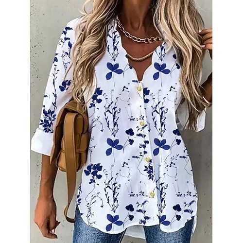 

Women's Blouse Floral Striped Daily Weekend Floral Blouse Shirt Long Sleeve Button Print V Neck Casual Streetwear White Blue S / 3D Print