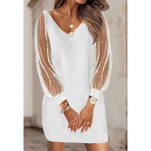 

Women's Shift Dress White Long Sleeve Floral Mesh Winter Fall V Neck Modern Winter Dress Weekend Fall Dress 2022 S M L XL XXL 3XL