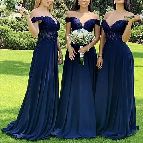 

A-Line Bridesmaid Dress Off Shoulder Short Sleeve Elegant Sweep / Brush Train Chiffon / Lace with Pleats / Solid Color 2022