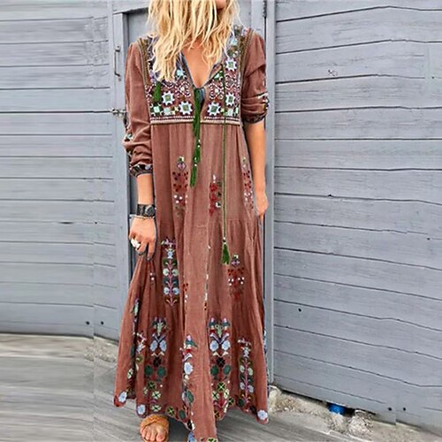 

kvinders bohemia afslappet kjole skiftekjole boho kjole lang kjole maxi kjole rød blå brun langærmet blomsterprint sommer efterår efterår v hals ferie weekend efterår kjole 2023 s m l xl xxl 3xl 4xl