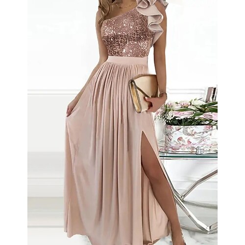 

Women's Party Dress Sequin Dress Long Dress Maxi Dress Pink Sleeveless Pure Color Patchwork Spring Summer One Shoulder Mature Party Wedding Guest 2022 S M L XL 2XL 3XL