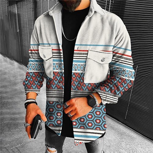 

Men's Coat Warm Street Single Breasted Geometric Pattern 3D Printed Graphic Turndown Streetwear Jacket Outerwear Long Sleeve Pocket Winter