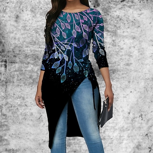 

Women's T shirt Tee Tunic Blue Leaf Print Long Sleeve Casual Holiday Basic Round Neck Long Floral Painting S