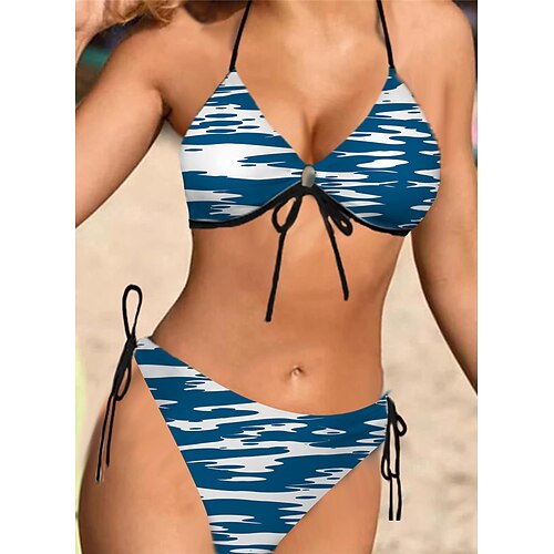 

Women's Swimwear Bikini 2 Piece Normal Swimsuit Halter Open Back Printing Geometic Blue Yellow Fuchsia Halter V Wire Bathing Suits Sexy Vacation Fashion / Modern / New