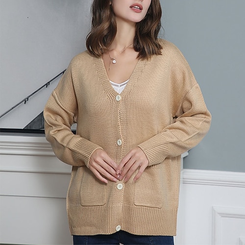 

Women's Cardigan Sweater Jumper Crochet Knit Pocket Knitted Solid Color V Neck Stylish Casual Daily Date Fall Winter White Blue S M L / Long Sleeve