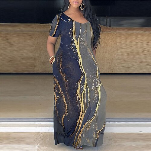 

Women's Plus Size Curve Shift Dress Floral V Neck Short Sleeve Spring Summer Casual Maxi long Dress Causal Daily Dress