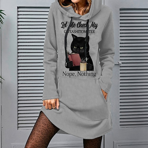 

Women's Shift Dress Short Mini Dress Gray Long Sleeve Cat Letter Animal Pocket Print Fall Winter Hooded Casual 2022 S M L XL XXL 3XL