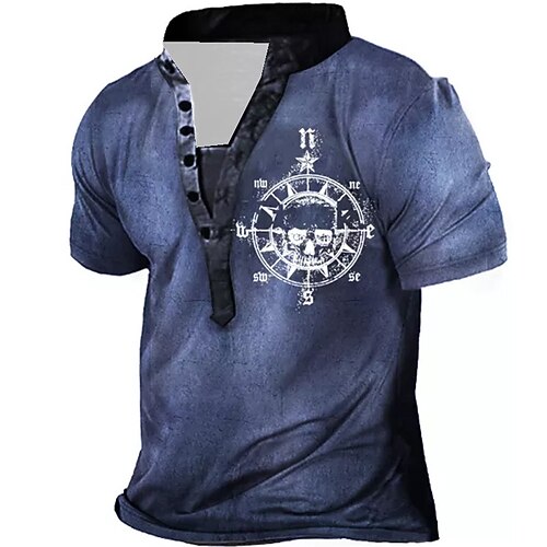 

Men's T shirt Tee Henley Shirt Tee Graphic Compass Stand Collar Blue Short Sleeve 3D Print Plus Size Outdoor Daily Button-Down Print Tops Basic Designer Casual Big and Tall / Summer / Summer / Sports