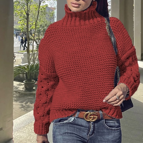 

Women's Pullover Sweater jumper Jumper Cable Knit Knitted Solid Color Turtleneck Stylish Casual Daily Holiday Winter Fall Wine Red turmeric S M L / Cotton / Long Sleeve / Cotton / Going out