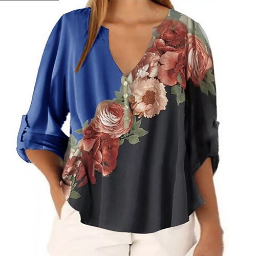 

Women's Plus Size Tops Blouse Shirt Floral Print Long Sleeve V Neck Casual Vintage Daily Going out Chiffon Fall Winter White Blue