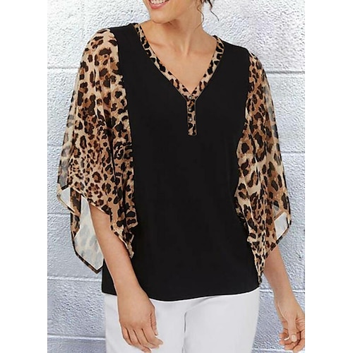 

Women's Shirt Leopard Daily Weekend Shirt 3/4 Length Sleeve Print V Neck Casual Streetwear Black S / 3D Print