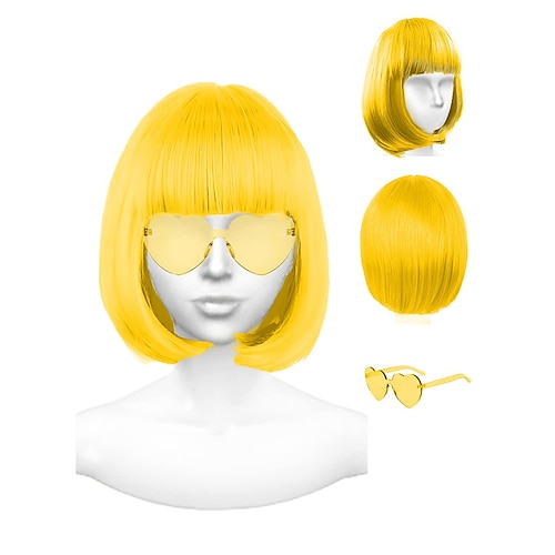 

Yellow Wig and Party Sunglasses Color Bob Wig Cosplay Wigs and Party Wigs Rainbow Wig with Neon Glasses Yellow Wigs for Women - Bachelorette Party Wigs Decorations Favors