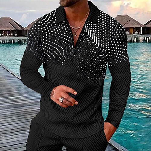 

Men's Collar Polo Shirt Golf Shirt Graphic Prints Waves Turndown Black 3D Print Going out Gym Long Sleeve Patchwork Zipper Clothing Apparel Sportswear Casual / Slim
