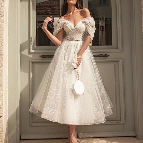

A-Line Cocktail Dresses Elegant Dress Wedding Guest Tea Length Short Sleeve Off Shoulder Sequined with Sash / Ribbon Ruched Sequin 2022